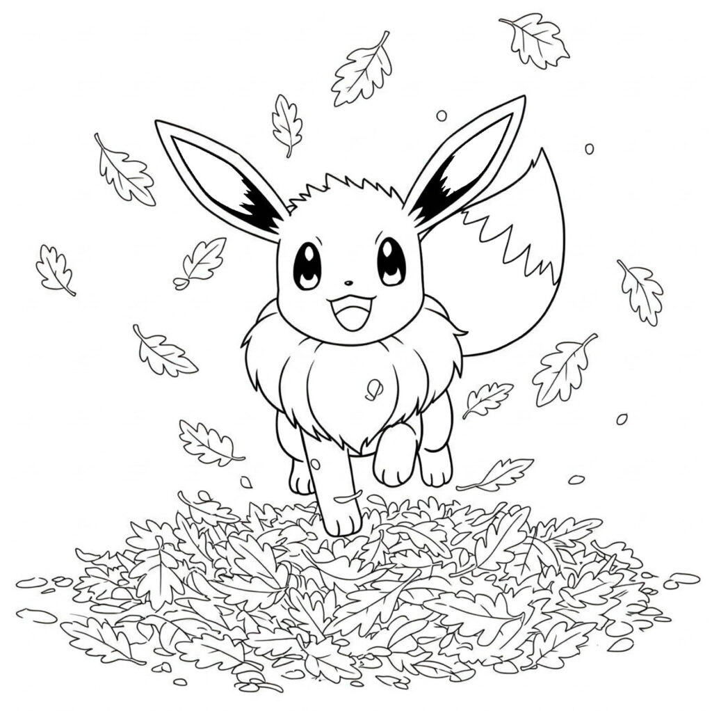 Coloriage : Évoli joue avec les feuilles en automne