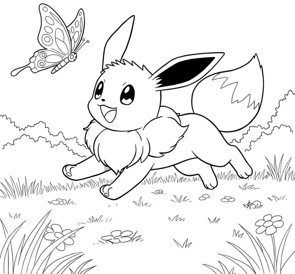 Coloriage : Évoli joue avec un papillon