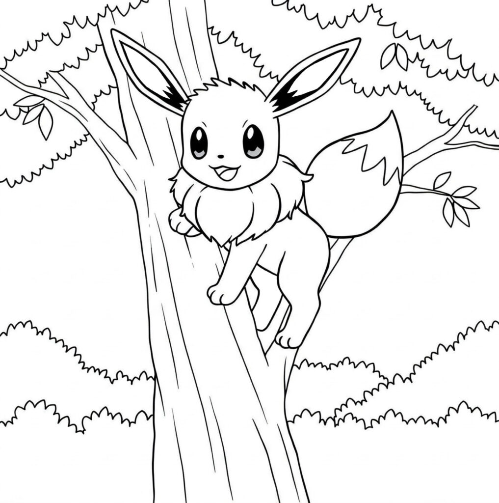 Coloriage : Évoli grimpe aux arbres
