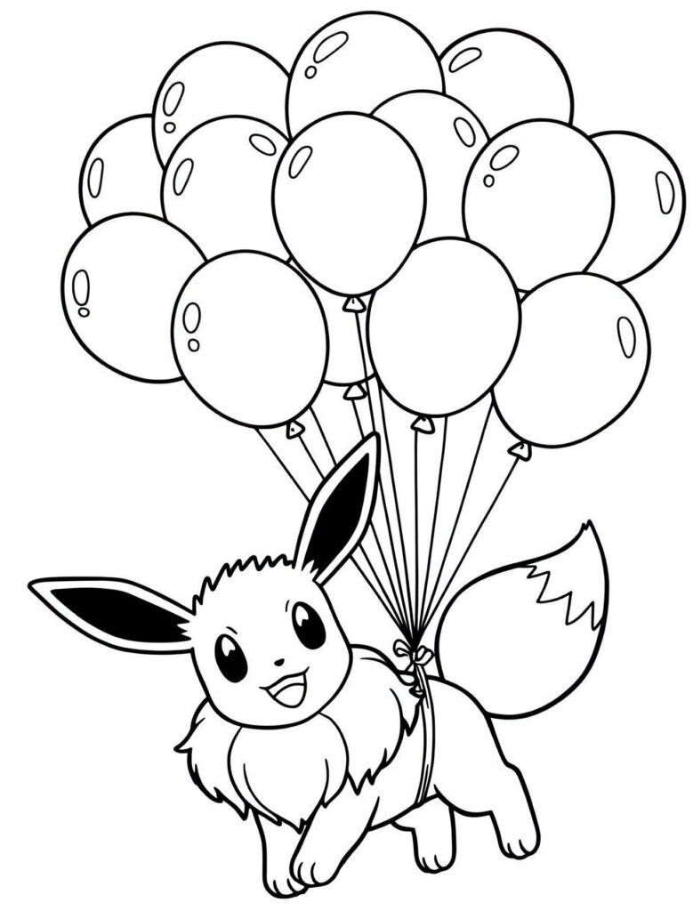 Coloriage d'Évoli qui s'envole avec des ballons
