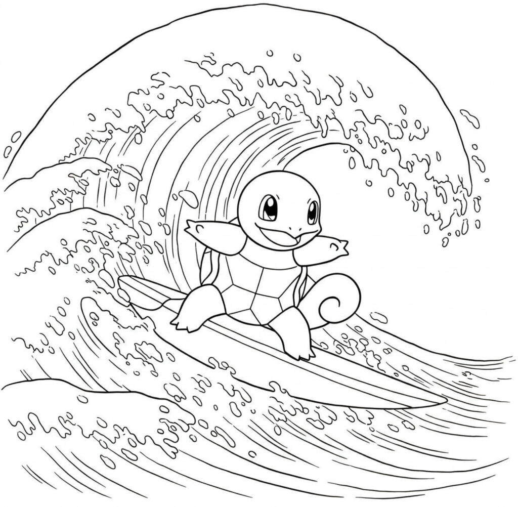 Coloriage de Carapuce qui fait du surf