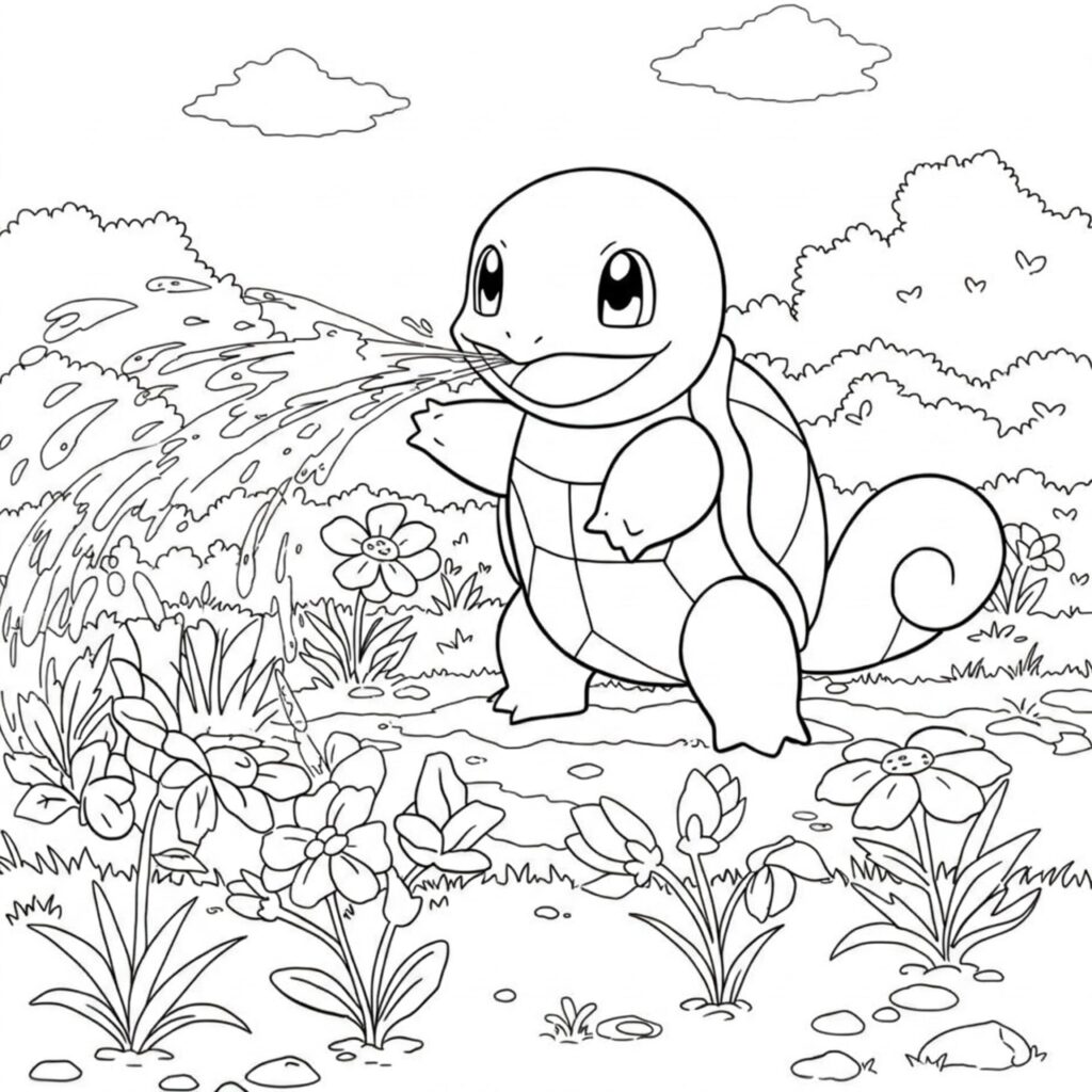 Coloriage de Carapuce qui arrose des plantes