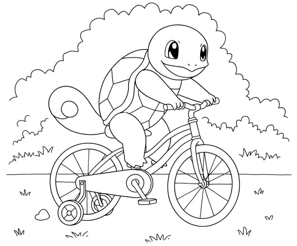 Coloriage de Carapuce qui fait du vélo