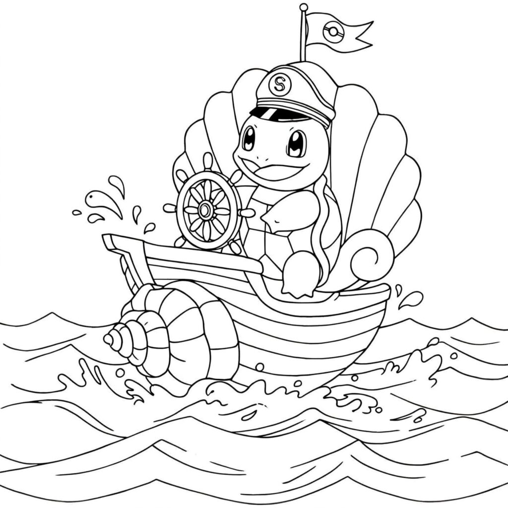 Coloriage de Carapuce pirate d'un bateau