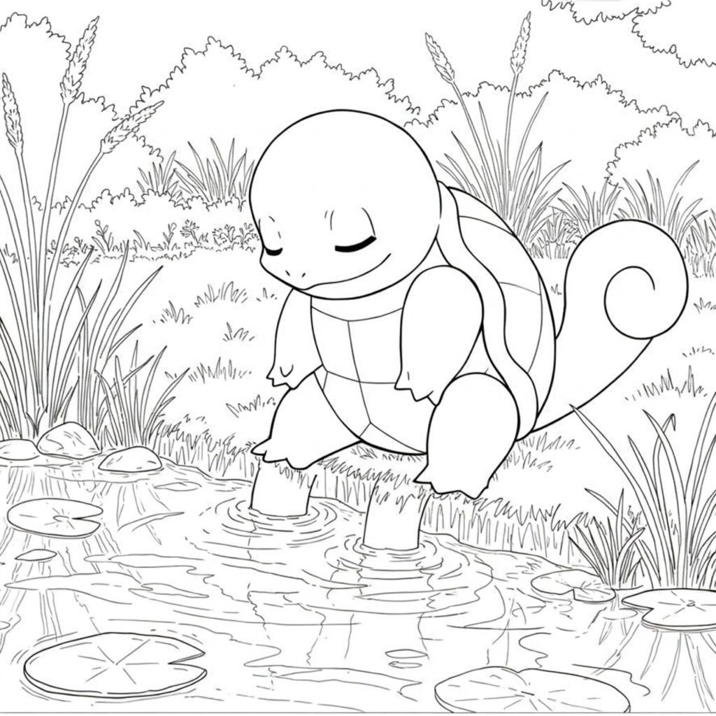 Coloriage de Carapuce qui se repose les pieds dans l'eau