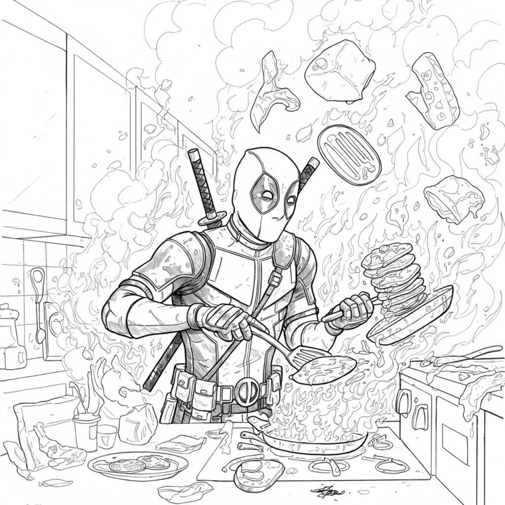 Coloriage sur Deadpool qui cuisine