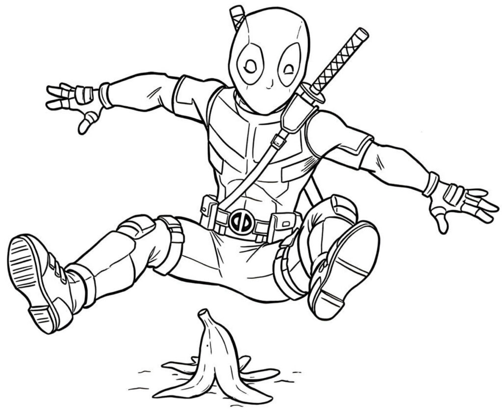 Coloriage sur Deadpool qui glisse sur une peau de banane