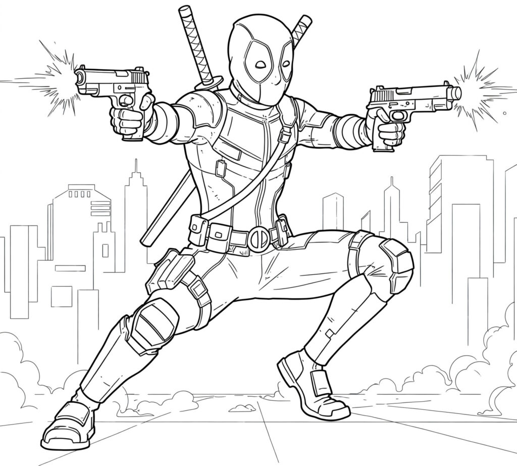 Coloriage sur Deadpool qui tire avec ses pistolets