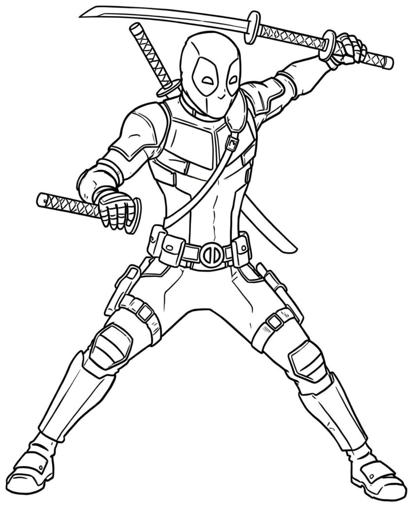 Coloriage sur Deadpool qui dégaine son sabre