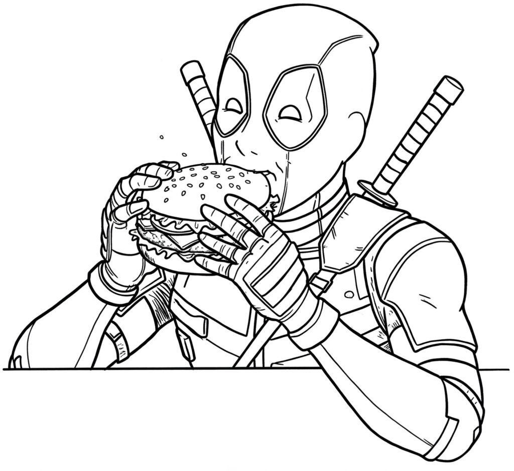 Coloriage sur Deadpool qui mange un hamburger