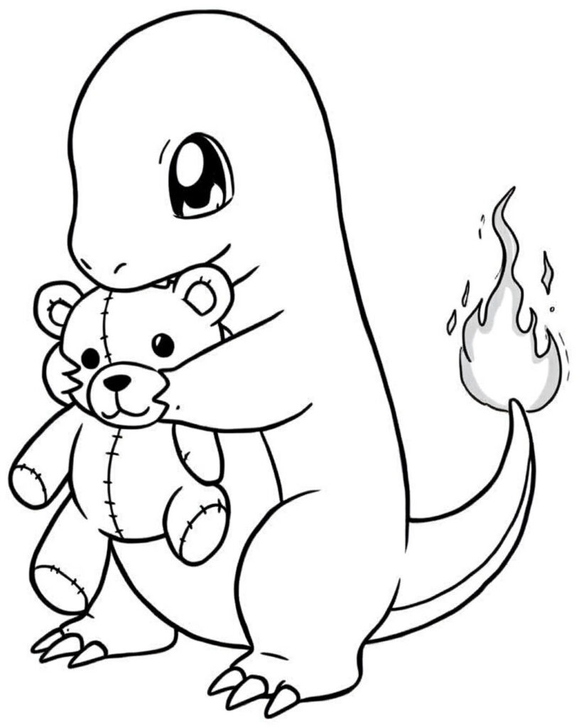 Coloriage de Salamèche avec son doudou