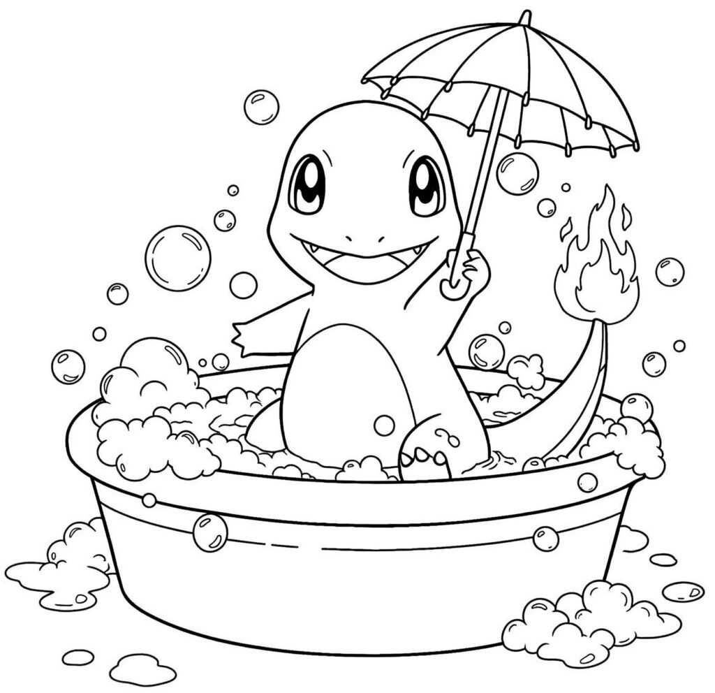 Coloriage de Salamèche qui prend son bain