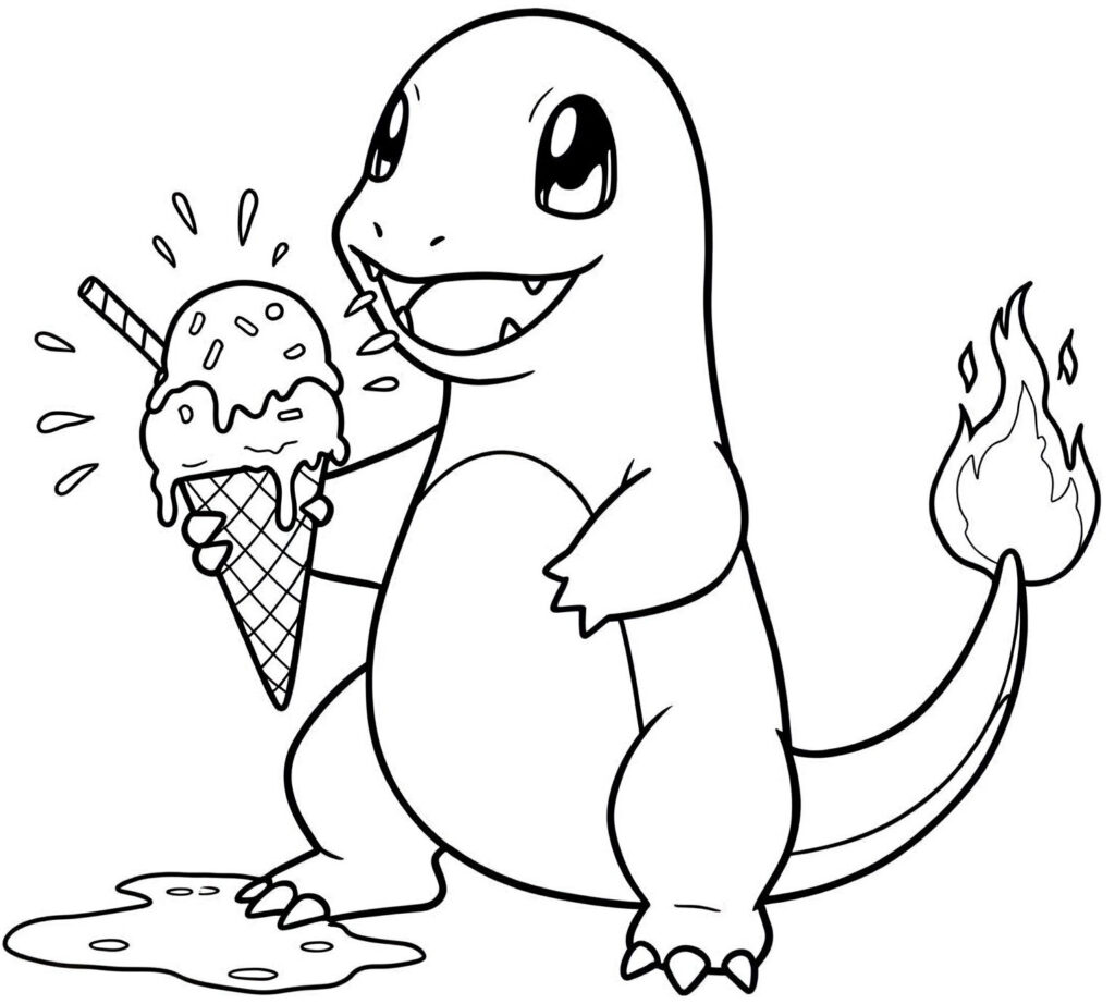 Coloriage de Salamèche qui mange une glace