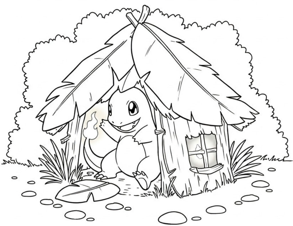 Coloriage de Salamèche dans sa cabane
