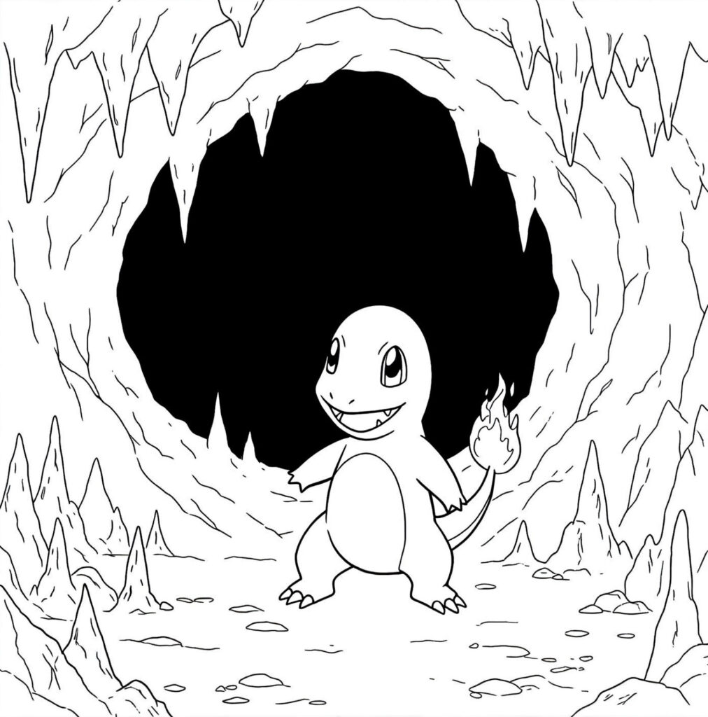 Coloriage de Salamèche dans une grotte