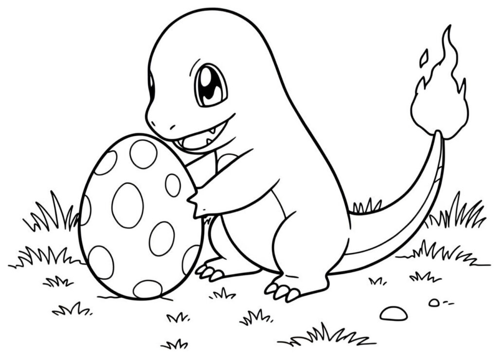 Coloriage de Salamèche avec son oeuf