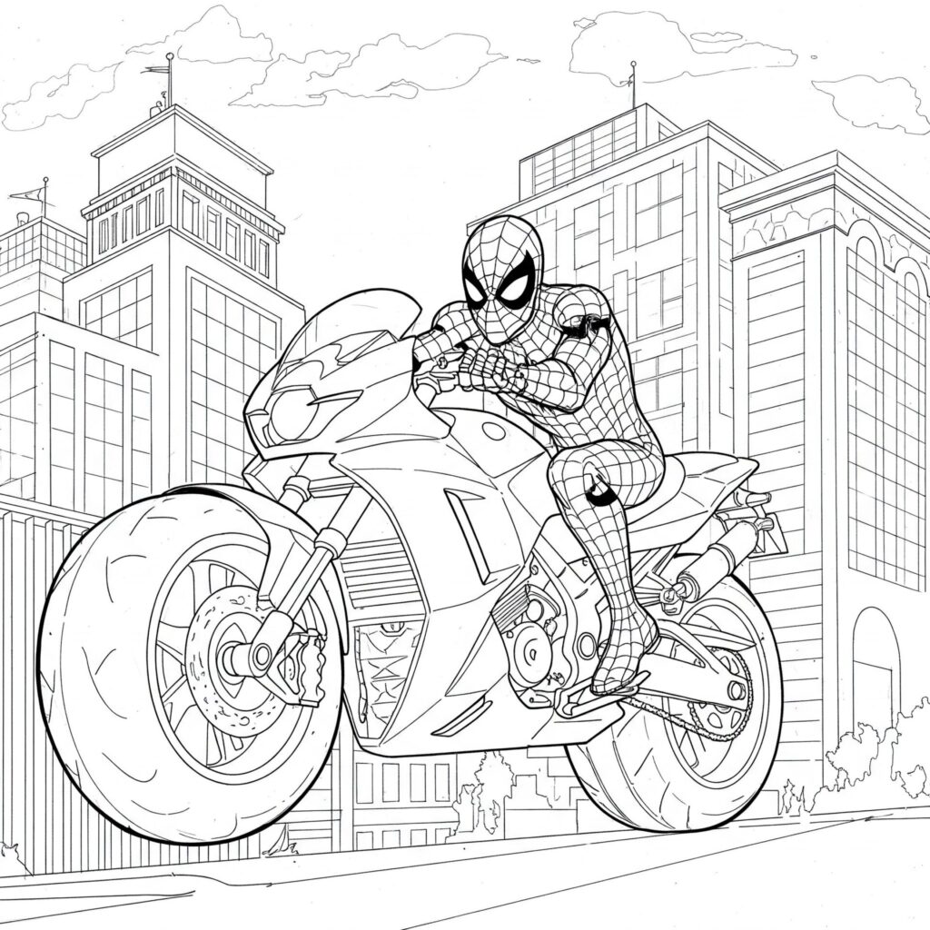 Coloriage de Spider-Man en moto en ville