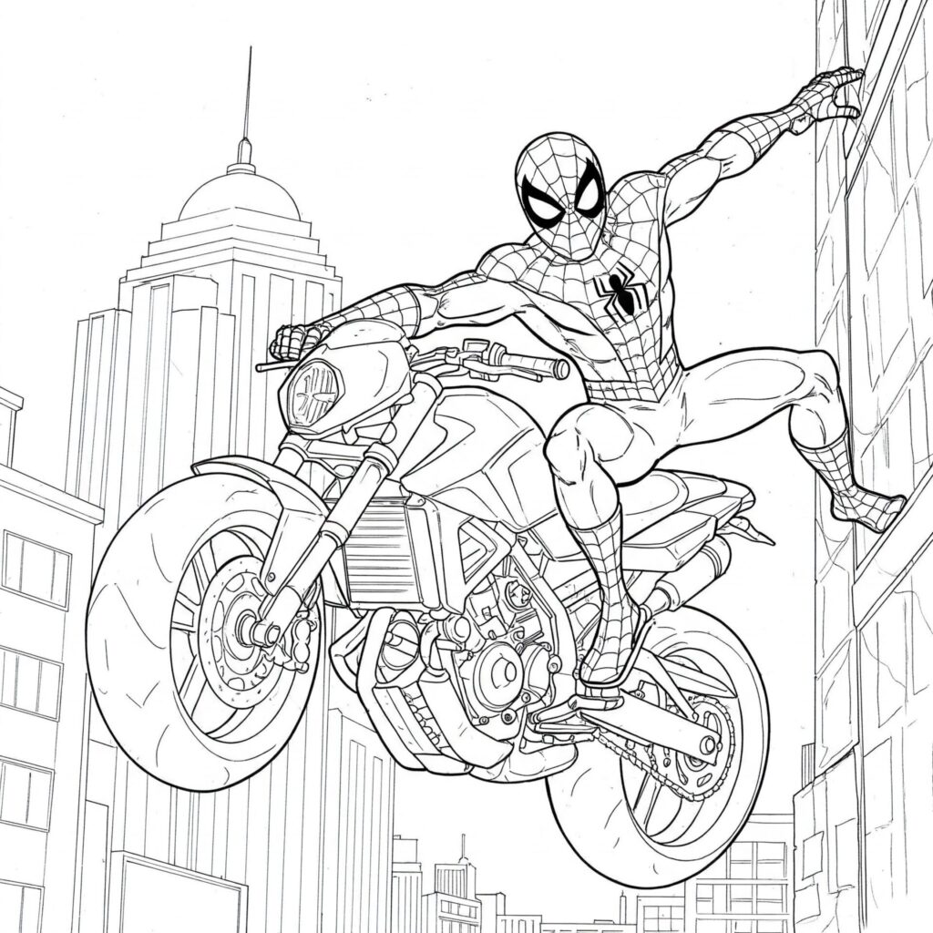 Coloriage de Spider-Man en moto sur un building