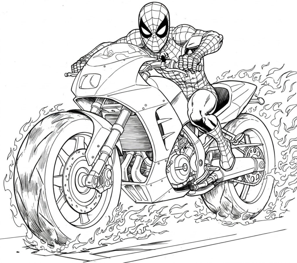 Coloriage de Spider-Man en moto avec les roues en feu
