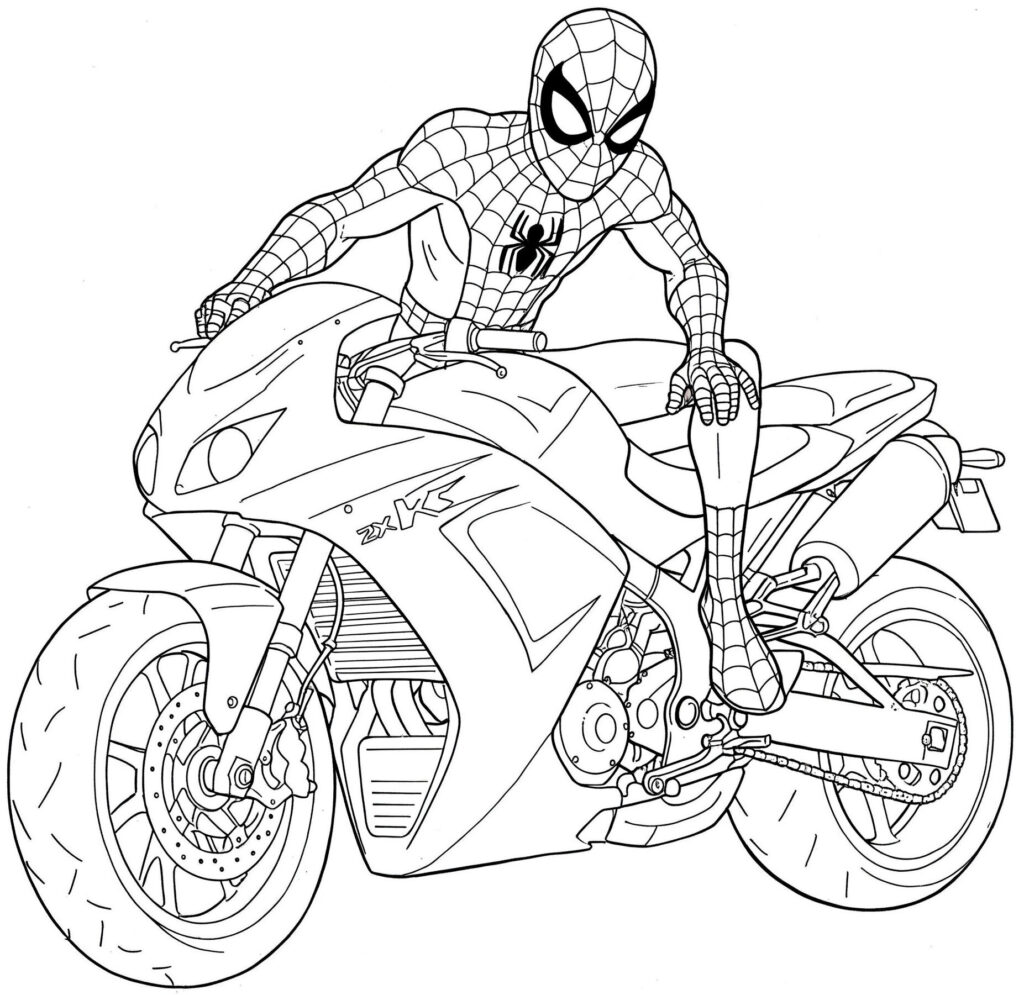 Coloriage de Spider-Man qui monte sur sa moto