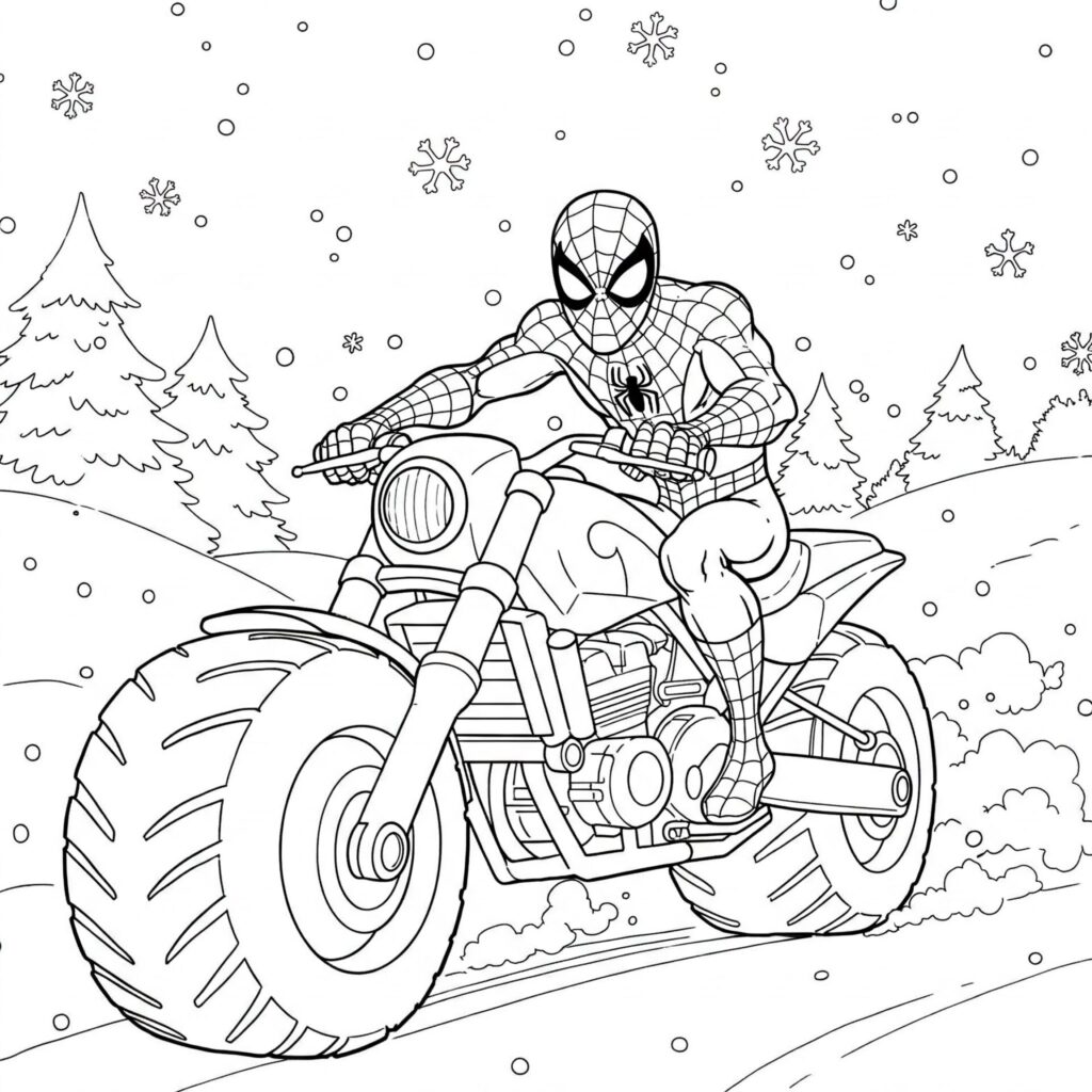 Coloriage de Spider-Man en moto sous la neige