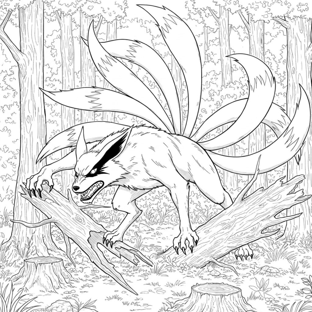 Coloriage de Kyubi qui détruit la forêt