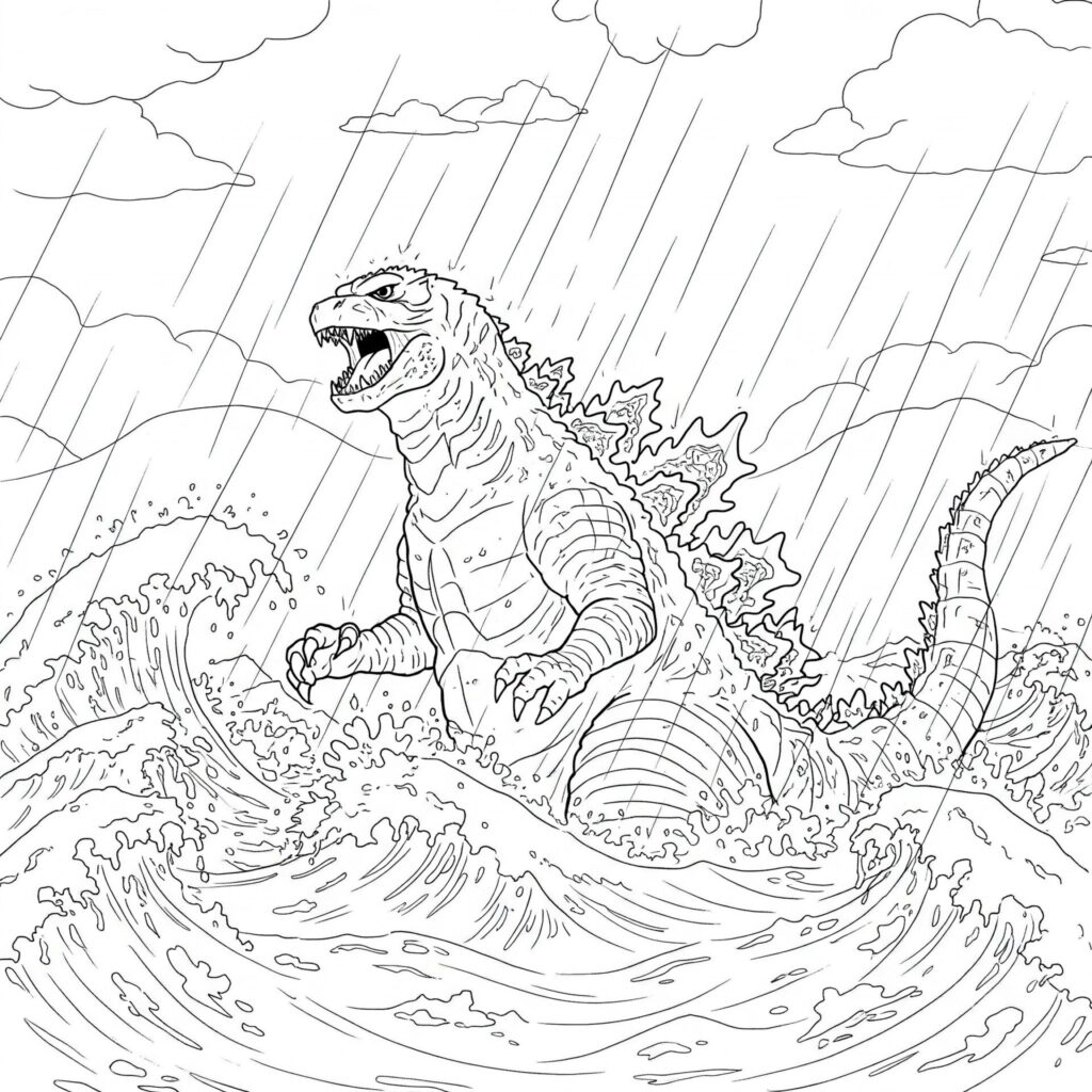 Coloriage de Godzilla qui agite la mer