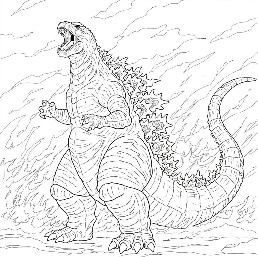 Coloriage de Godzilla qui hurle dans le feu