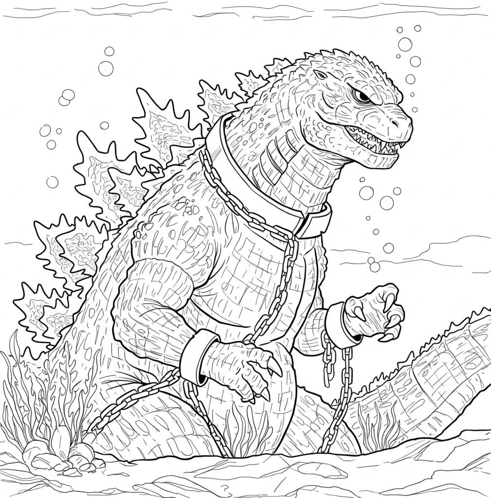 Coloriage de Godzilla attaché dans la mer