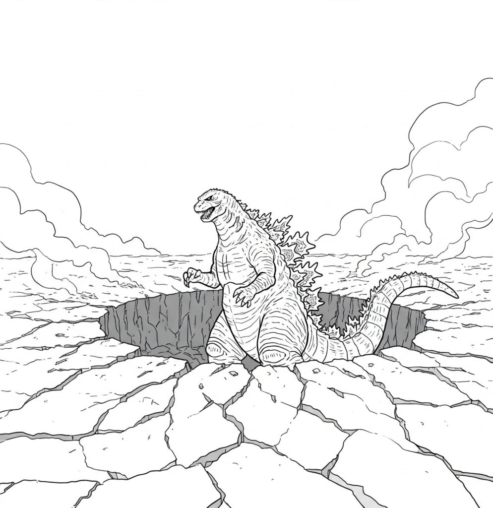 Coloriage de Godzilla dans un cratère