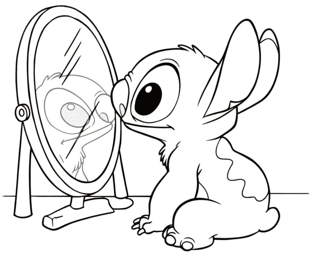 Coloriage de Stitch qui se regarde dans le miroir