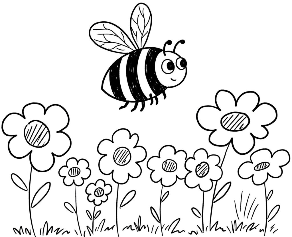 Coloriage d'une abeille volant au-dessus de fleurs