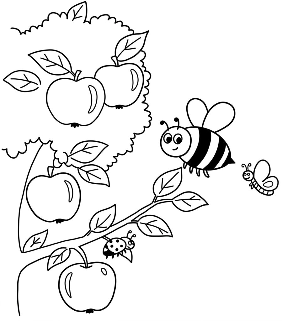 Coloriage d'une abeille et du pommier