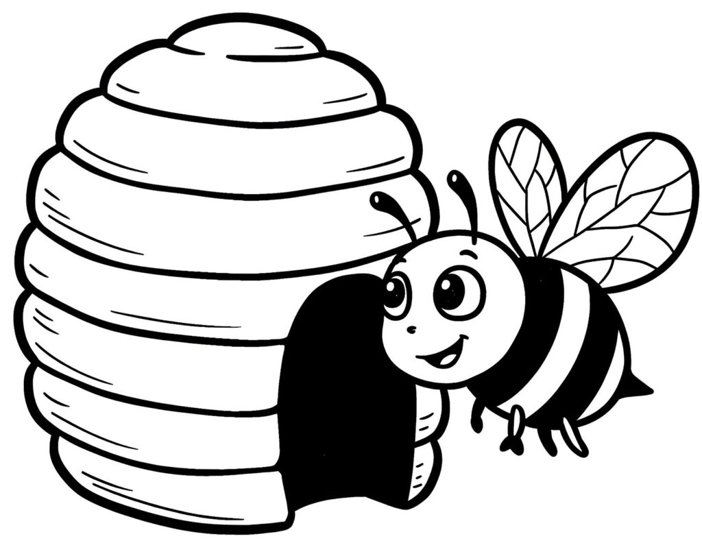 Coloriage d'une abeille à l'entrée d'une ruche
