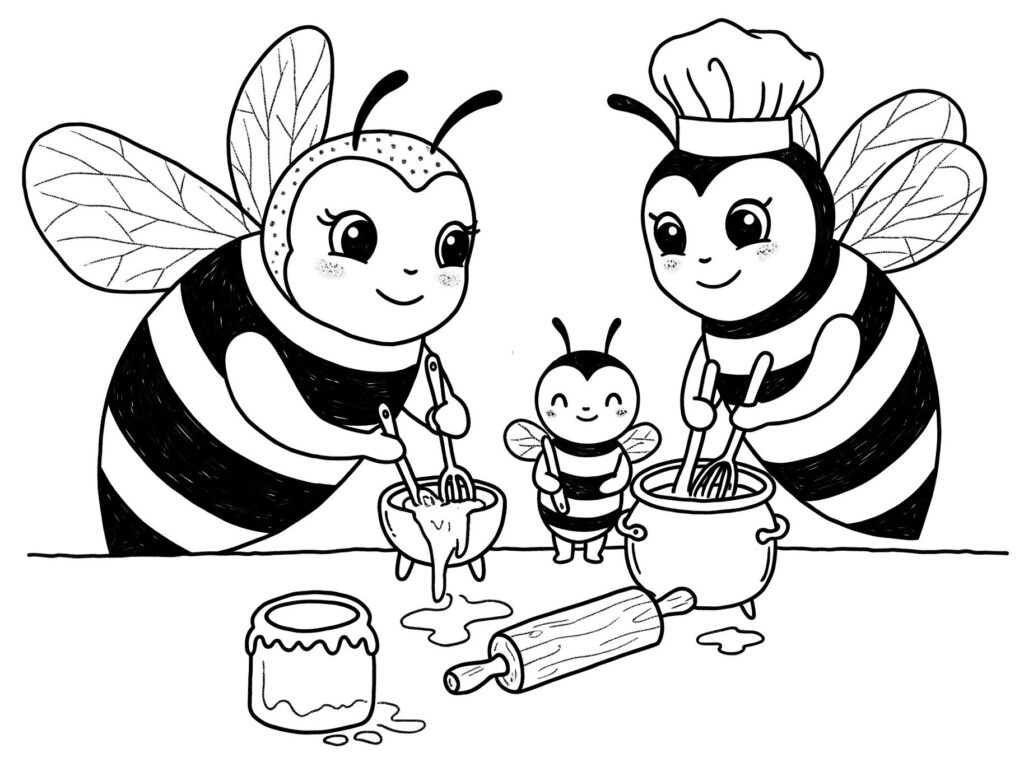 Coloriage d'une abeille qui cuisine du miel