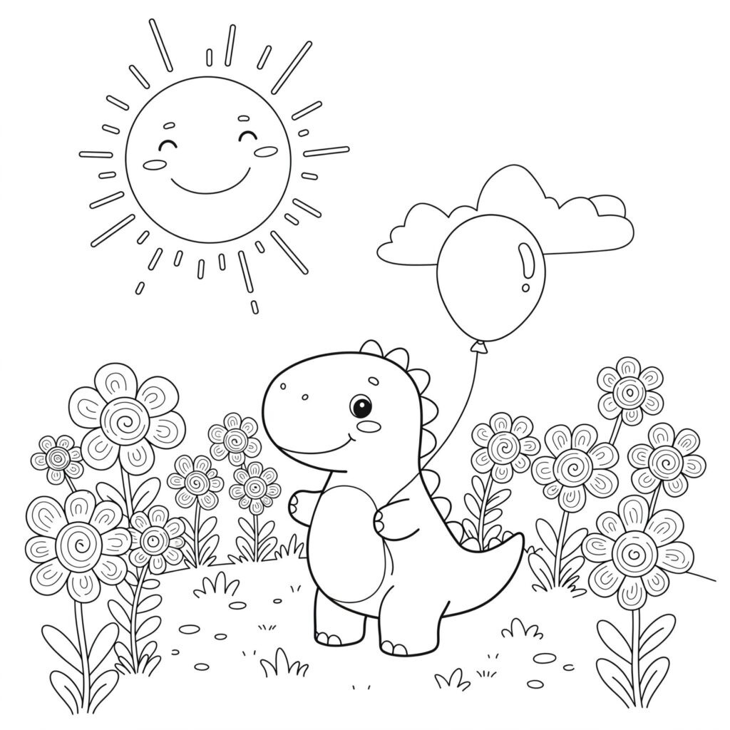 Coloriage d'un dinosaure avec un ballon