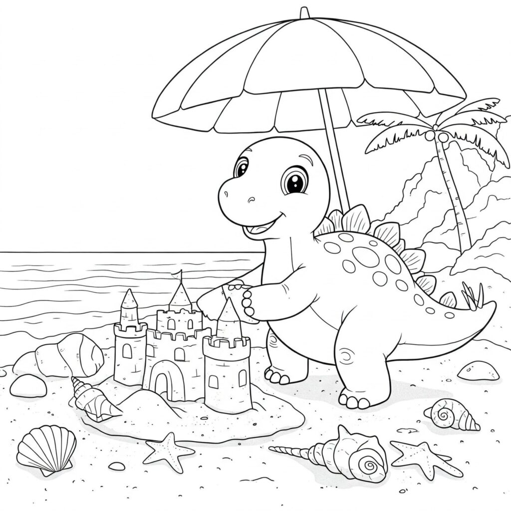 Coloriage d'un dinosaure qui fait un château de sable