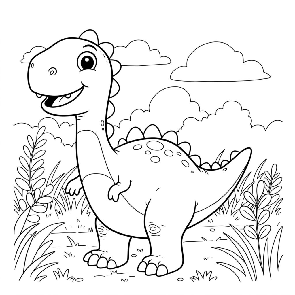 Coloriage d'un dinosaure qui se promène dans un champs