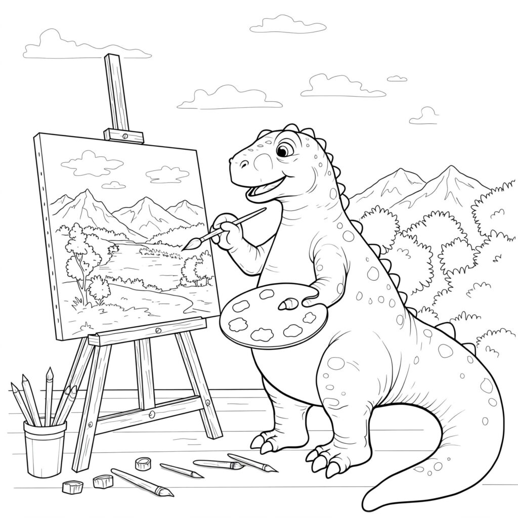 Coloriage d'un dinosaure qui peint une toile