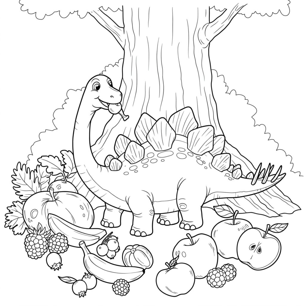 Coloriage d'un dinosaure qui est entouré de fruits
