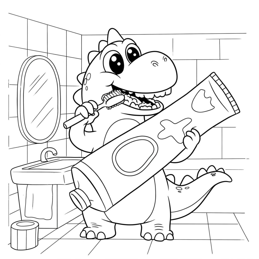 Coloriage d'un dinosaure qui se brosse les dents