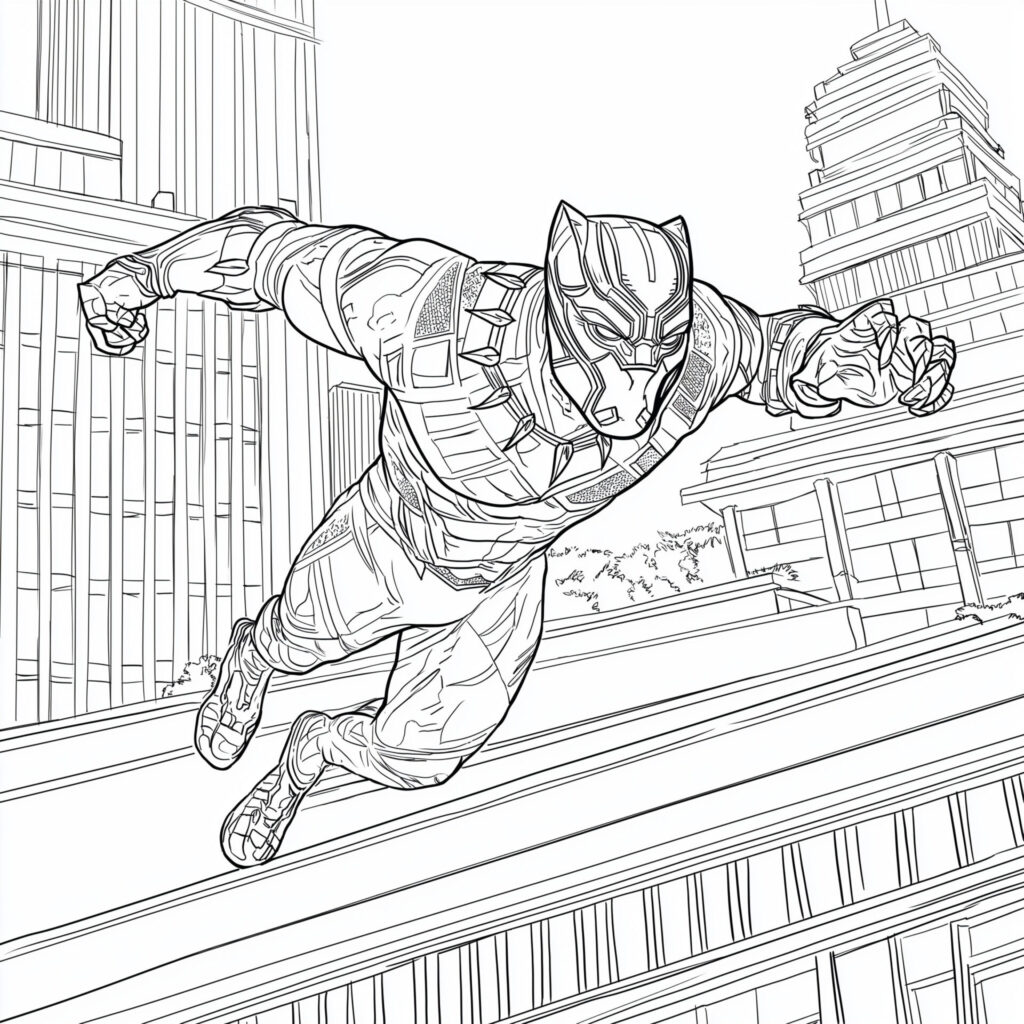 Coloriage de Black Panther qui saute d'un immeuble à un autre