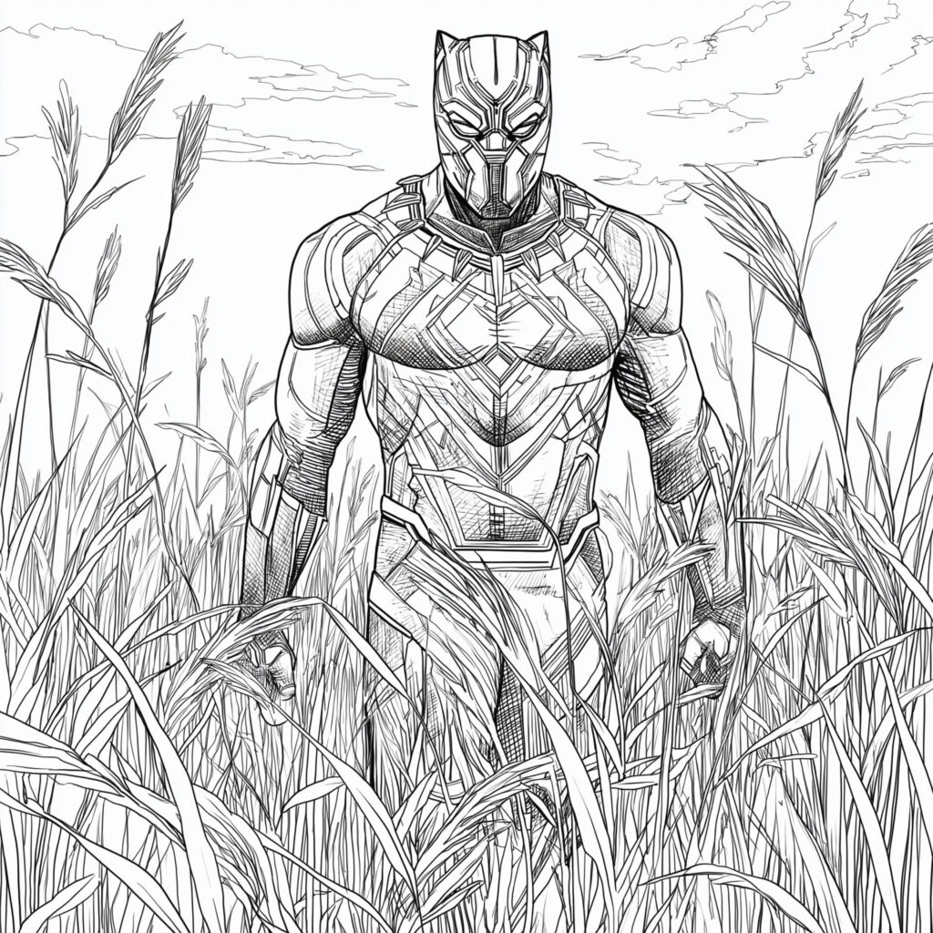 Coloriage de Black Panther caché dans un champs