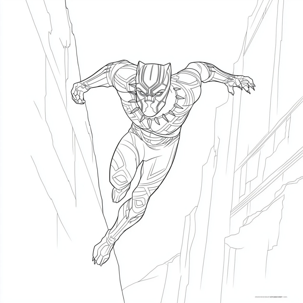 Coloriage de Black Panther qui court entre des falaises