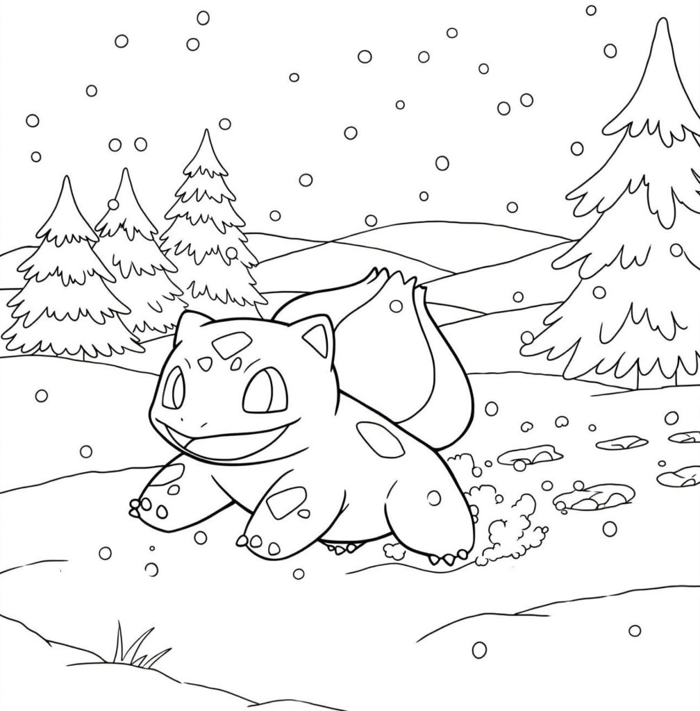 Coloriage de Bulbizarre qui joue dans la neige