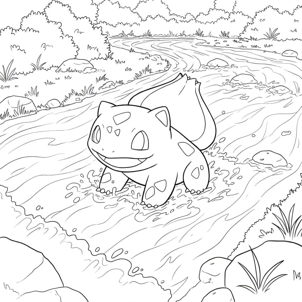 Coloriage de Bulbizarre qui a les pieds dans l'eau