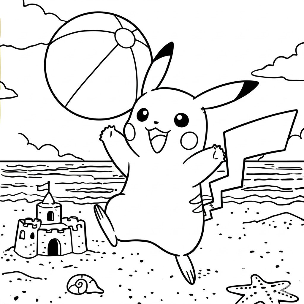 Coloriage de Pikachu à la plage