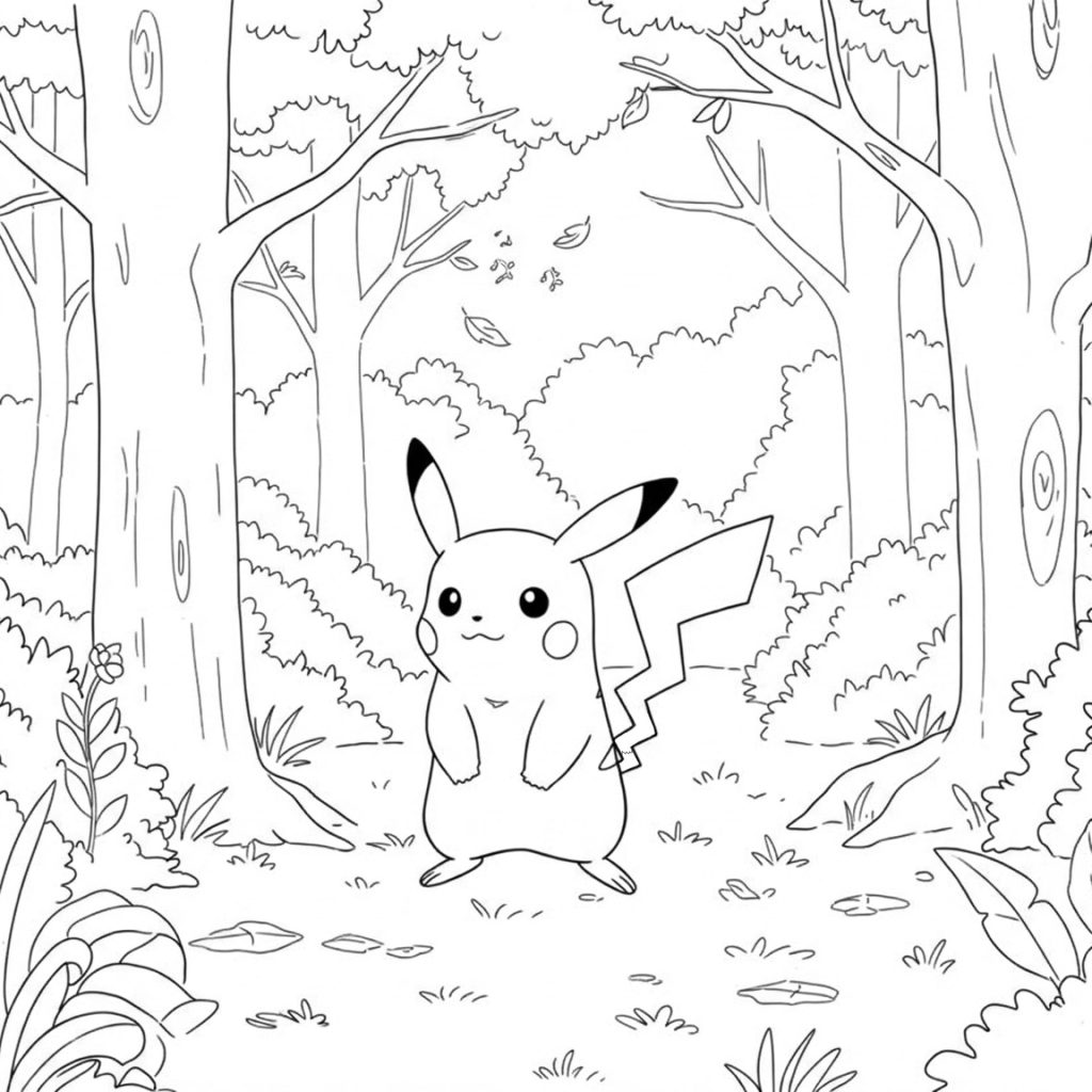 Coloriage de Pikachu dans la forêt