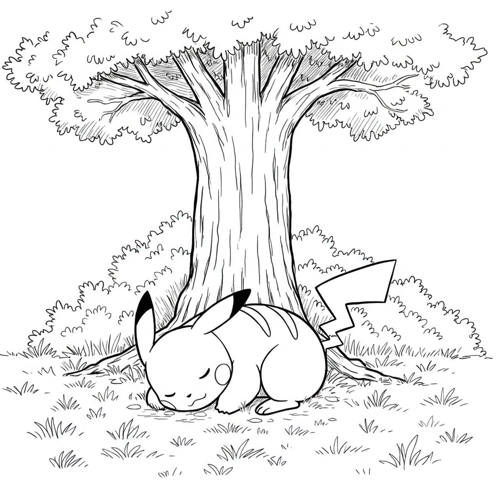 Coloriage de Pikachu qui dort sous un arbre