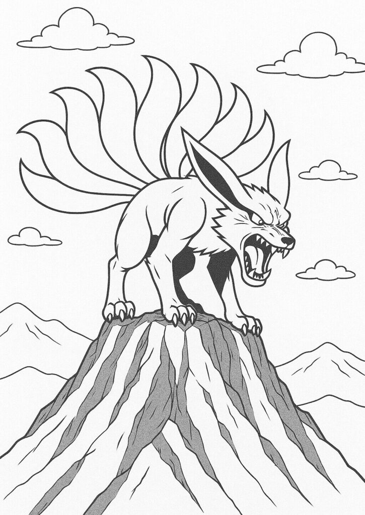 Coloriage de Kyubi sur le haut d'un volcan